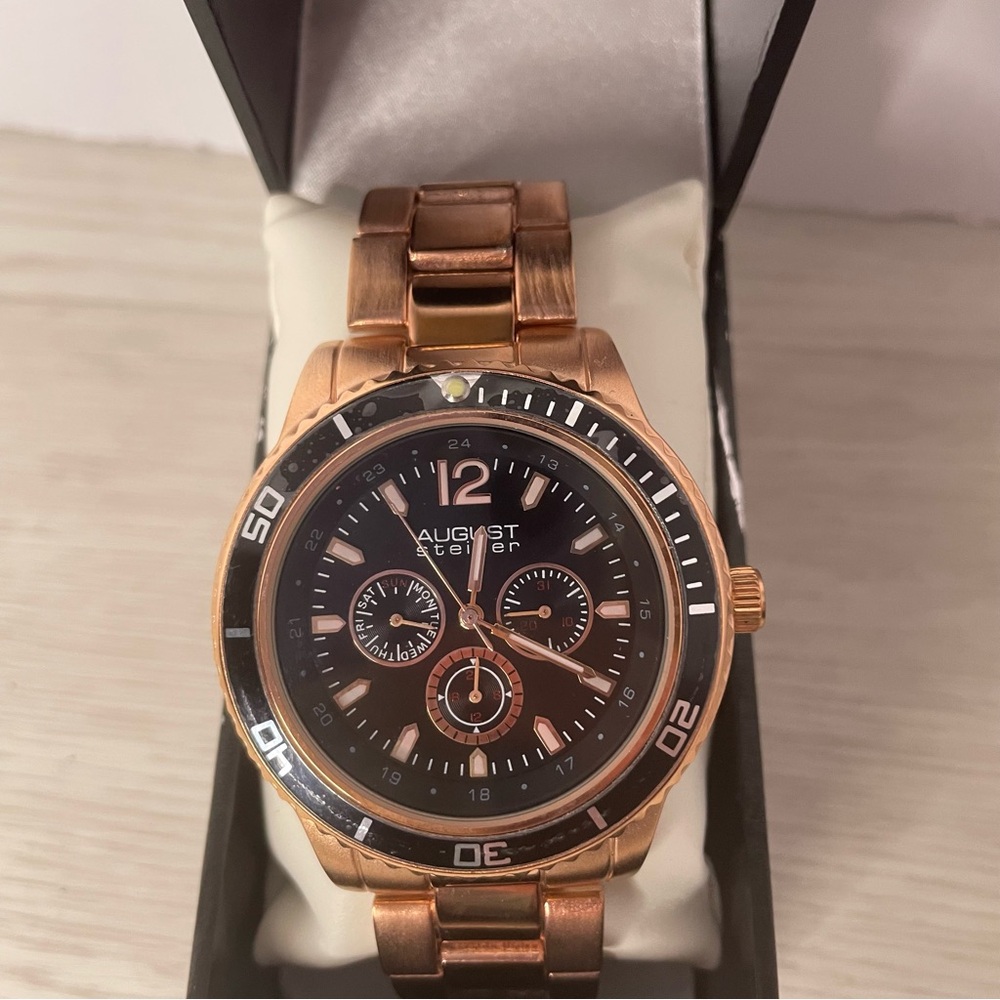 August Steiner Rose/Copper Gold and Black Chronograph Bracelet Watch